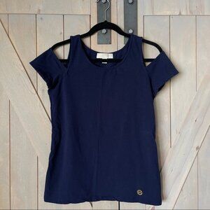 Women's Navy Blue Michael Kors Cold Shoulder Short Sleeve Tee Top